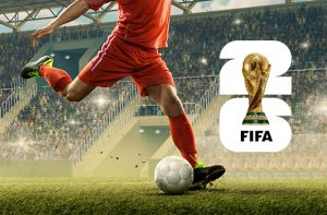 Giocatore in azione, logo Mondiali FIFA 2026