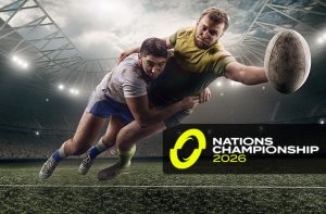 Rugbisti in azione, logo Nations Championship