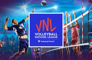 Pallavolisti in azione, logo Volleyball Nations League 2026
