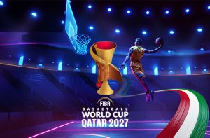 Giocatore in azione, logo FIBA World Cup 2027