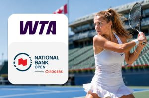 Campo da tennis con ragazza e logo WTA e National Bank Open