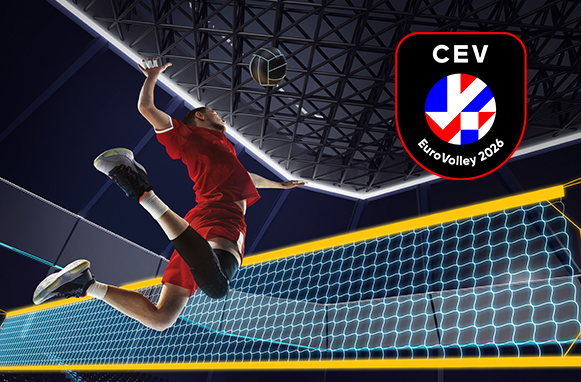 Pallavolista in azione, logo EuroVolley 2026
