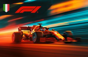 Macchina di F1, logo F1 e bandiera italiana