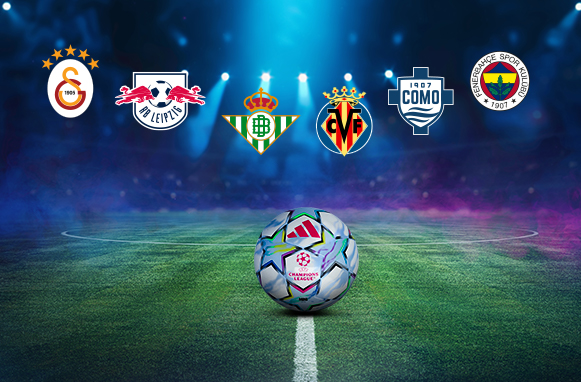 Pallone con logo Champions League, loghi di Galatasaray, Lipsia, Betis, Villarreal, Como, Fenerbahçe