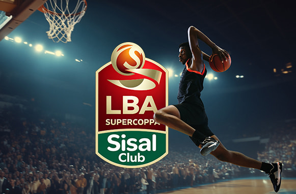 Giocatore di basket in azione, logo LBA Supercoppa