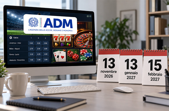 Laptop con giochi online, logo ADM e calendari