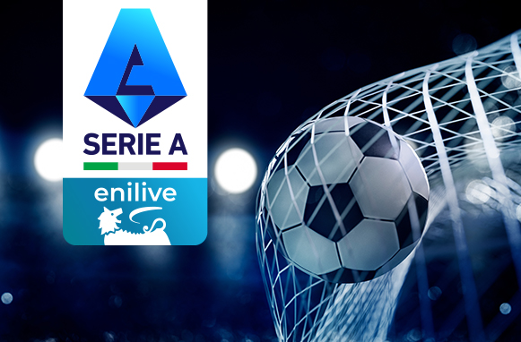 Serie A logo, enilive logo, palla in rete sullo sfondo
