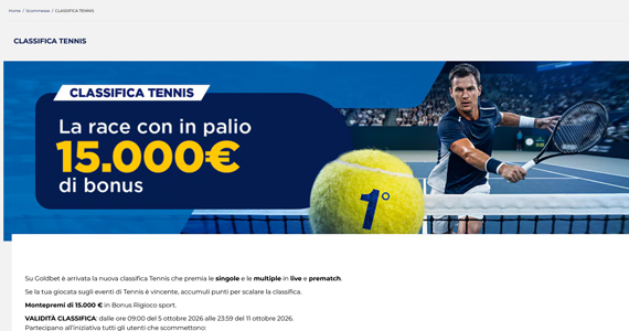 La promo scommesse Classifica Tennis di GoldBet